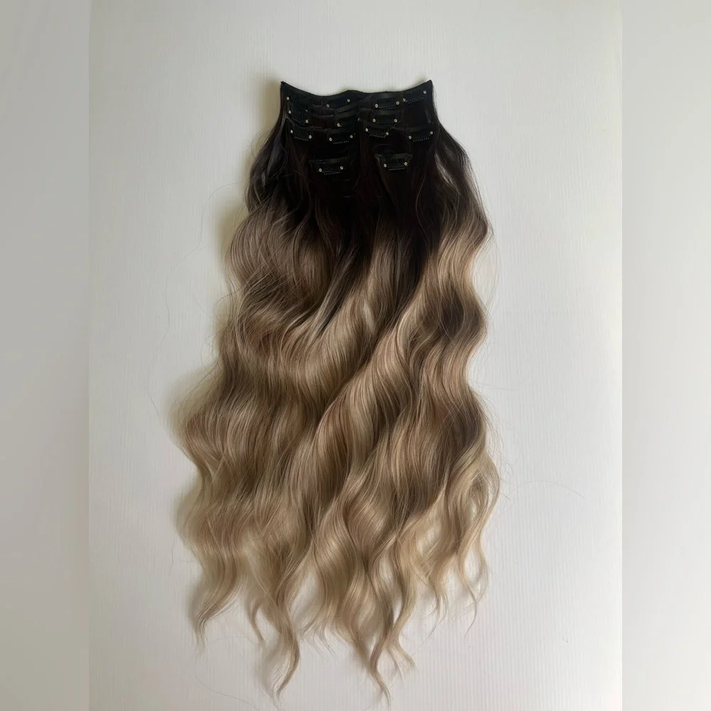 Human hair blend Dark Brown Ashy Blonde BalayageClip in hair Extensions